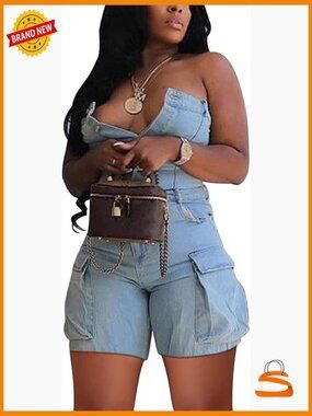 Sexy Strapless Denim Cargo Romper Sleeveless Stretch Jean Jumpsuit Shorts